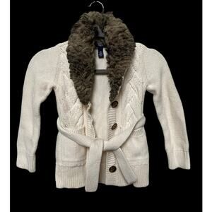 Gap Kids Belted Cardigan Sweater Girls S Cream Chunky Cable Knit Faux Fur Collar
